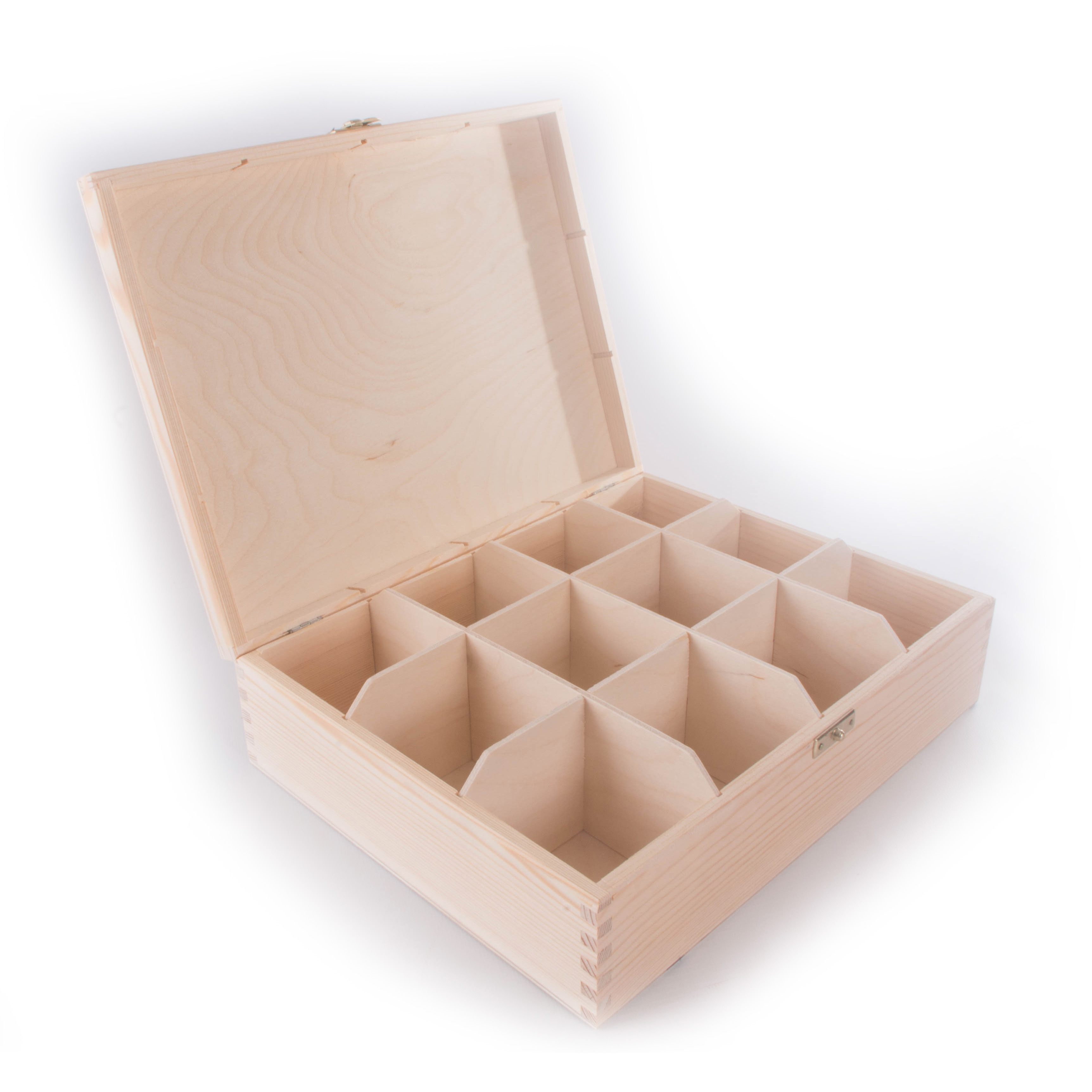 Wooden Storage Box With Lid Clasp & 12 Sections Compartments / Tea Bag